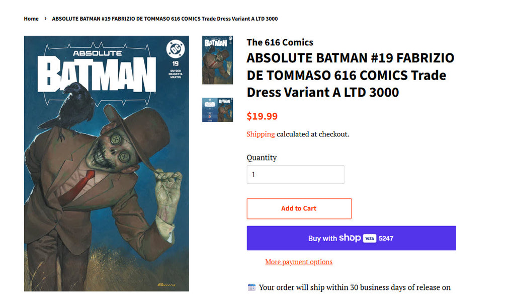 ABSOLUTE BATMAN #19 FABRIZIO DE TOMMASO 616 COMICS Trade Dress Variant A