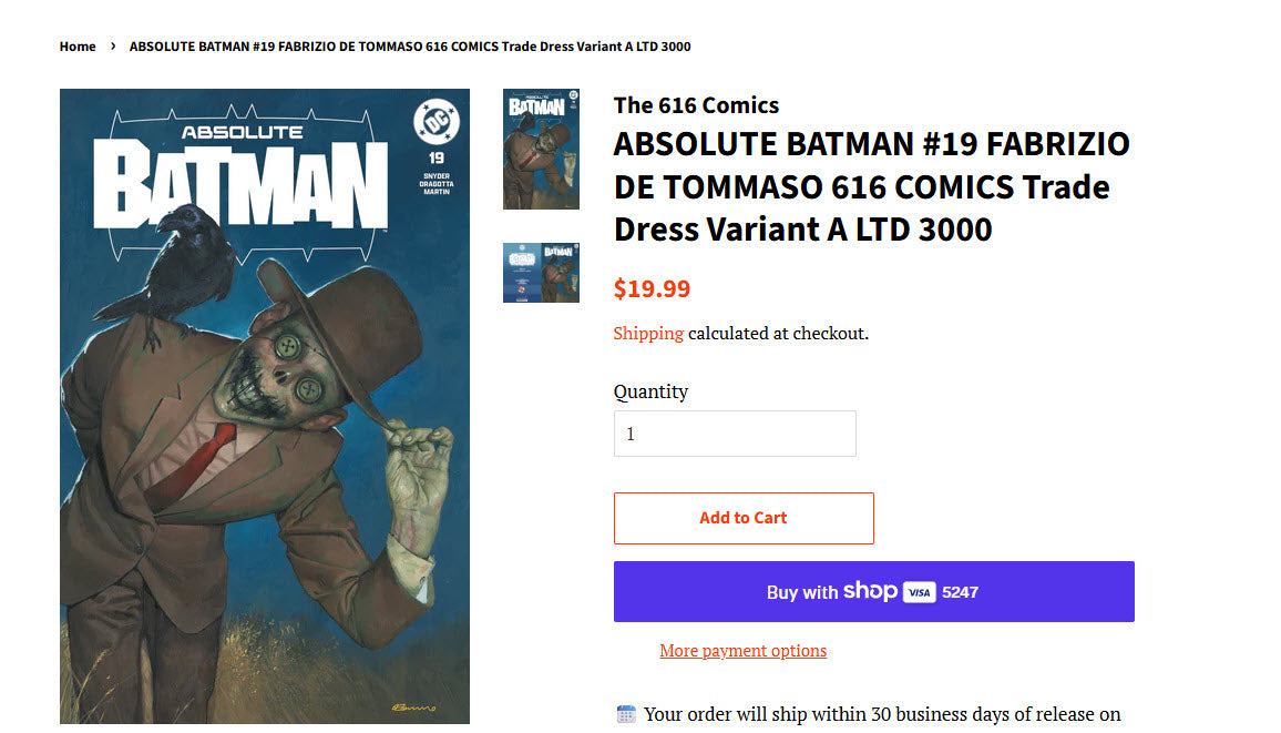 ABSOLUTE BATMAN #19 FABRIZIO DE TOMMASO 616 COMICS Trade Dress Variant A