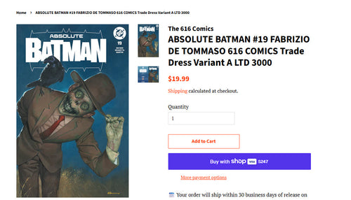 ABSOLUTE BATMAN #19 FABRIZIO DE TOMMASO 616 COMICS Trade Dress Variant A