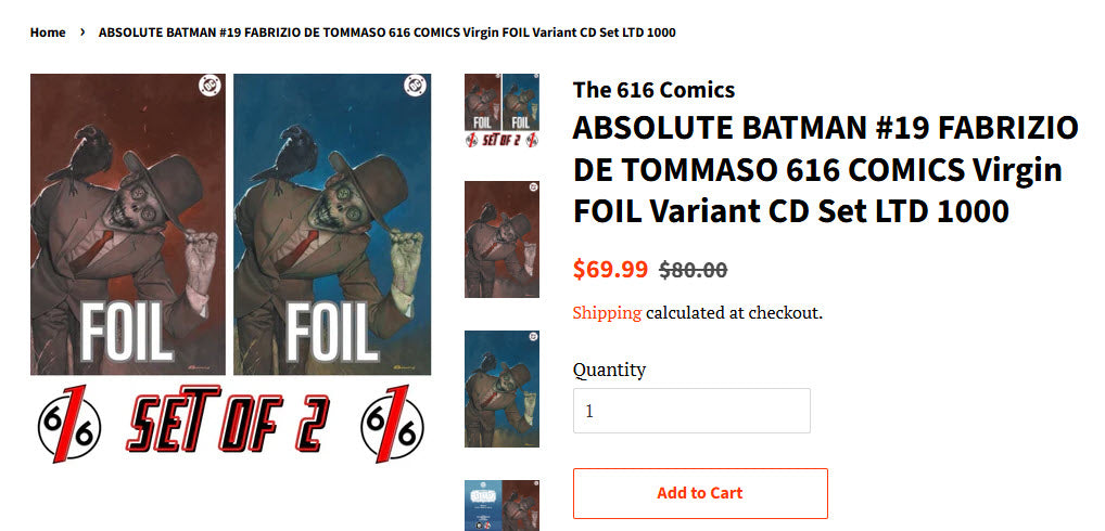 ABSOLUTE BATMAN #19 FABRIZIO DE TOMMASO 616 COMICS Virgin FOIL Variant CD Set