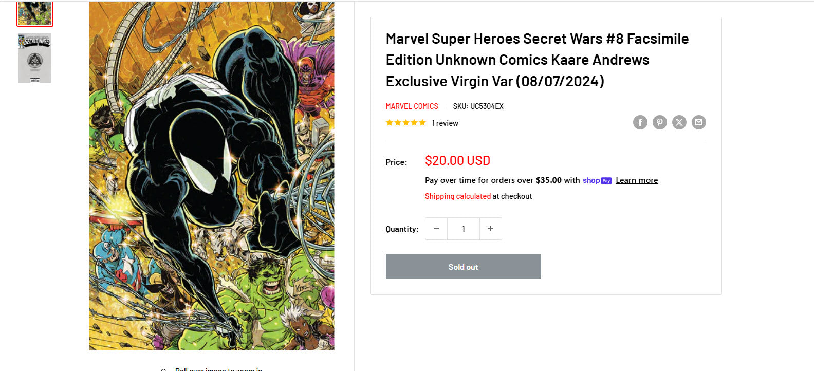 Marvel Super Heroes Secret Wars #8 Facsimile Edition Unknown Comics Kaare Andrews Exclusive Virgin Var